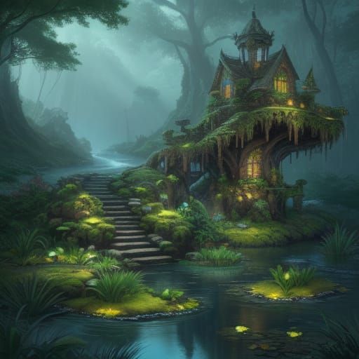 Mystical Rock Steps in Lush Lake Fantasy Art