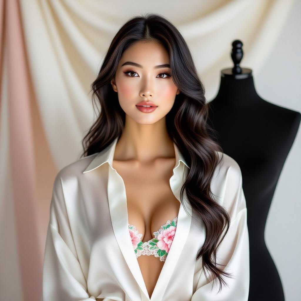 Elegant Woman in Silk Shirt Poses in Fashion Studio