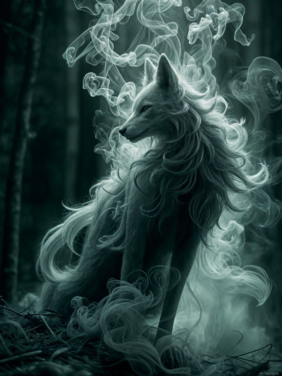 Ethereal Smoky Kitsune in Green Forest