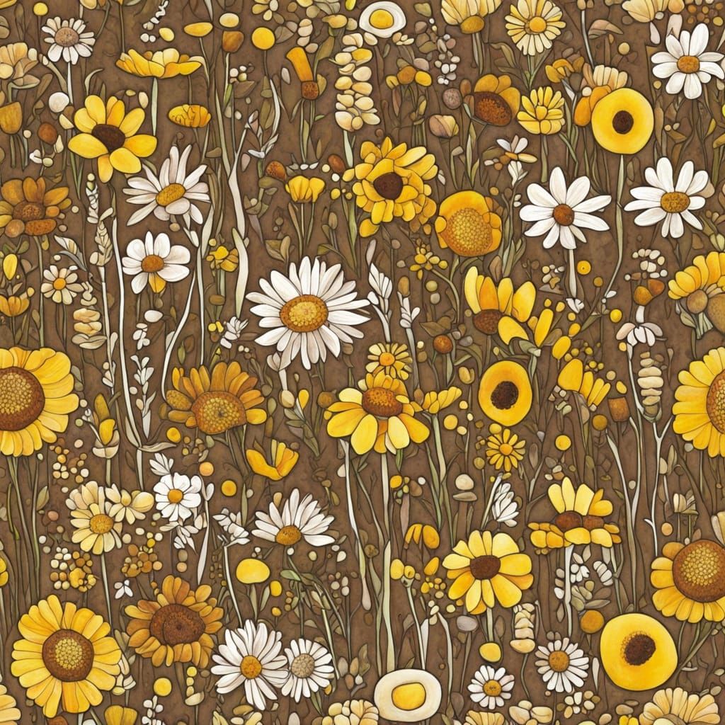 Golden Brown Wildflower Fields in Klimt Style