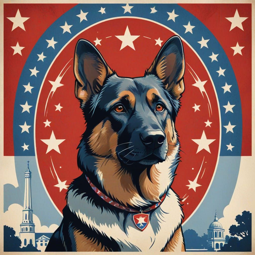 A patriotic German Shepherd, wearing a small, stylized flag ...