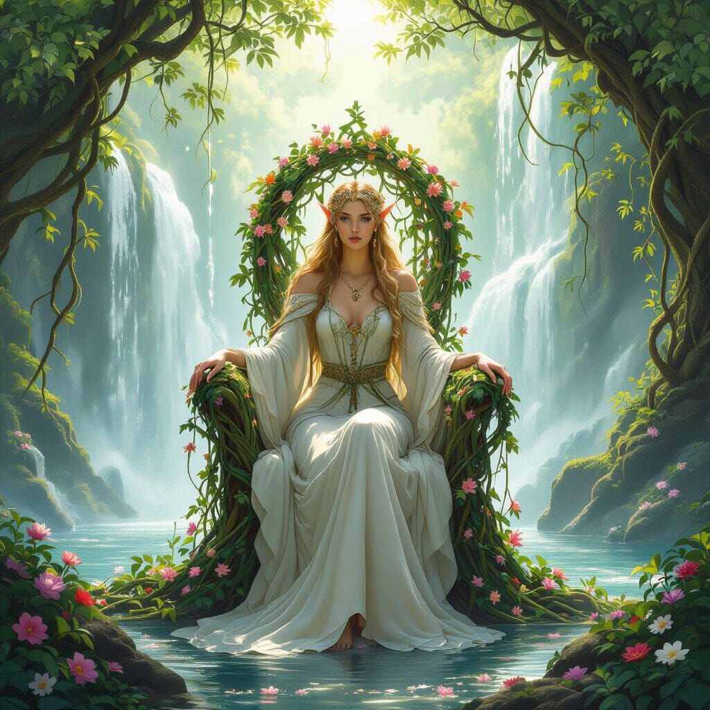 Elven Queen on Vine Throne with Waterfall Backdrop