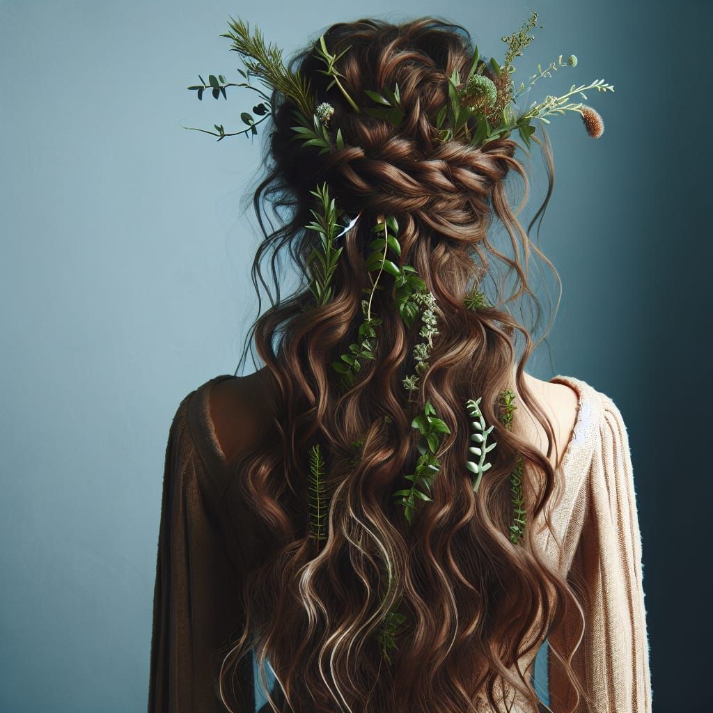 Forest Queen Hairstyle with Plants, View from Behind