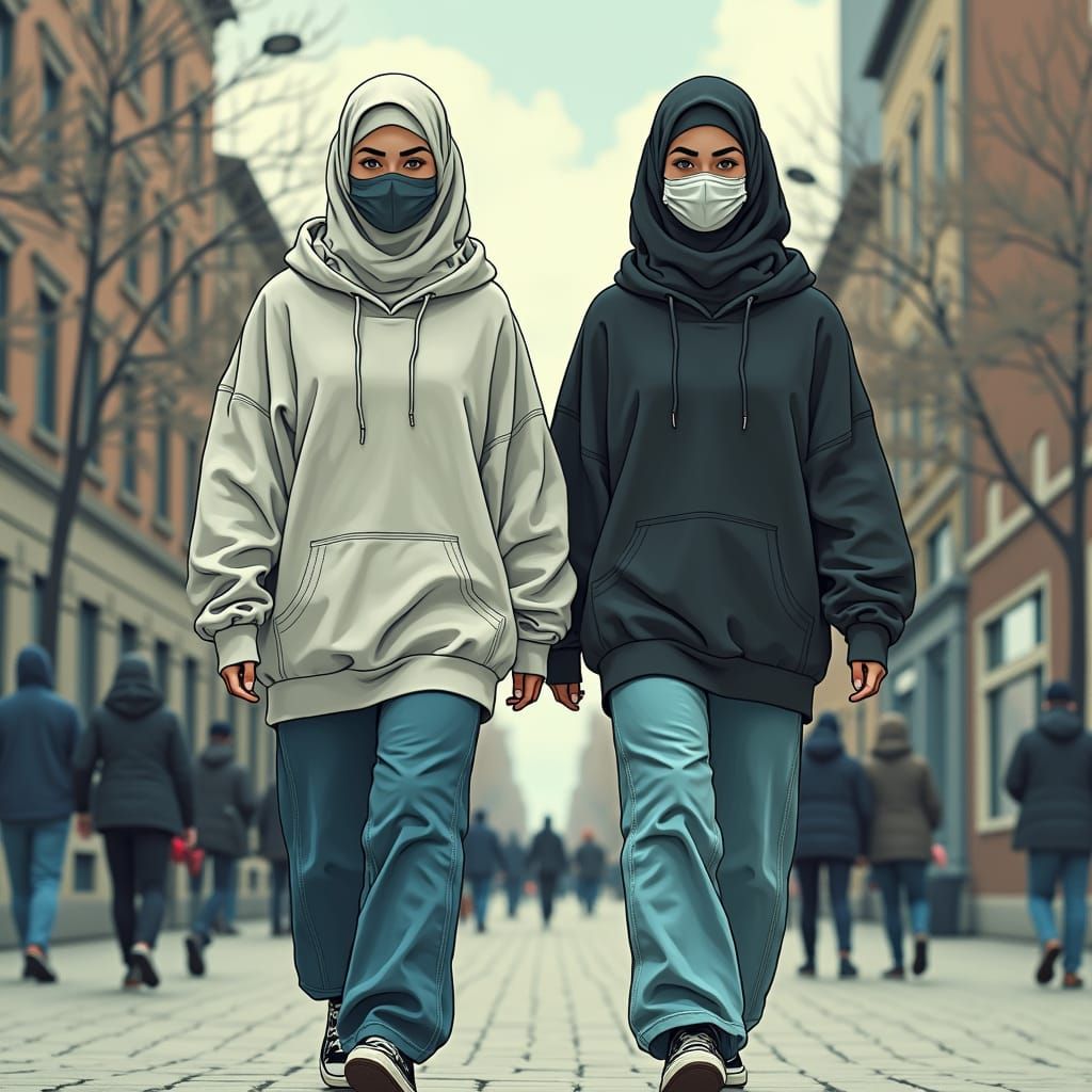 Beautiful Women in Hijab Walking Through City