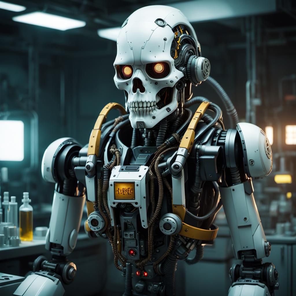 Cyborg Robot in Laboratory: Comic Book Style