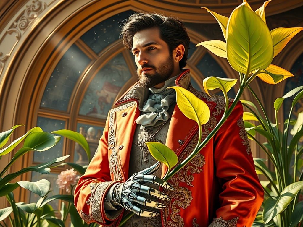 Elegant Cyborg Gentleman Stands Amidst Starry Space Garden