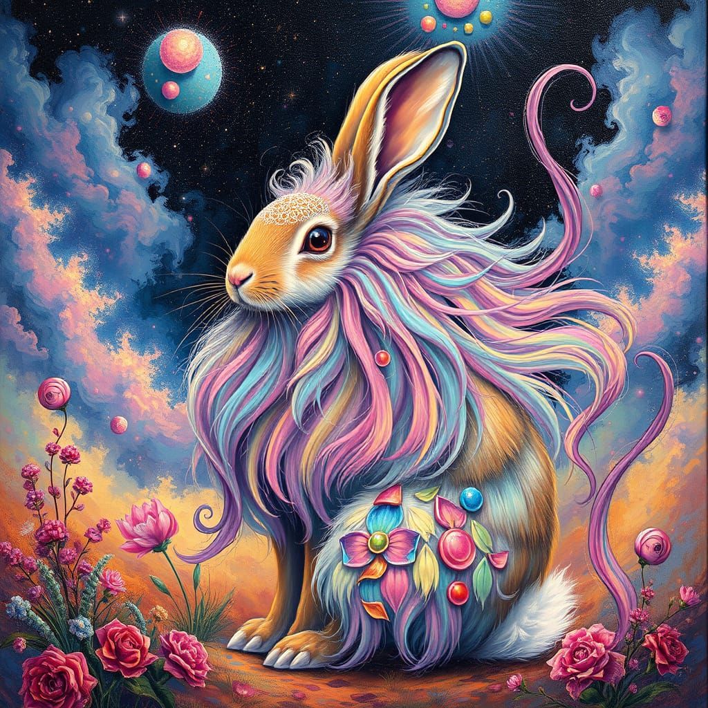 Surreal, Vibrant Hare in Dreamlike Landscape with Iridescent...