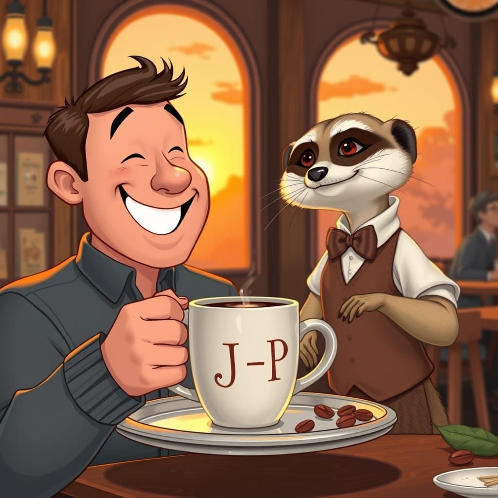 Man Enjoying Cacao in Cozy Cafe, Cartoon Style