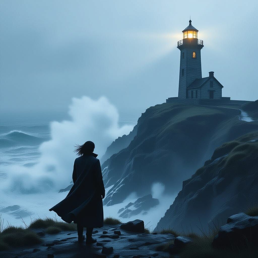 Misty Coastal Cliff with Lighthouse in Cinematic Style