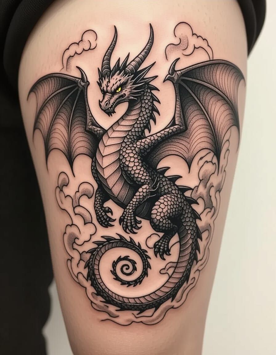 Dragon Tattoo Design in Realistic Black and Grey Style