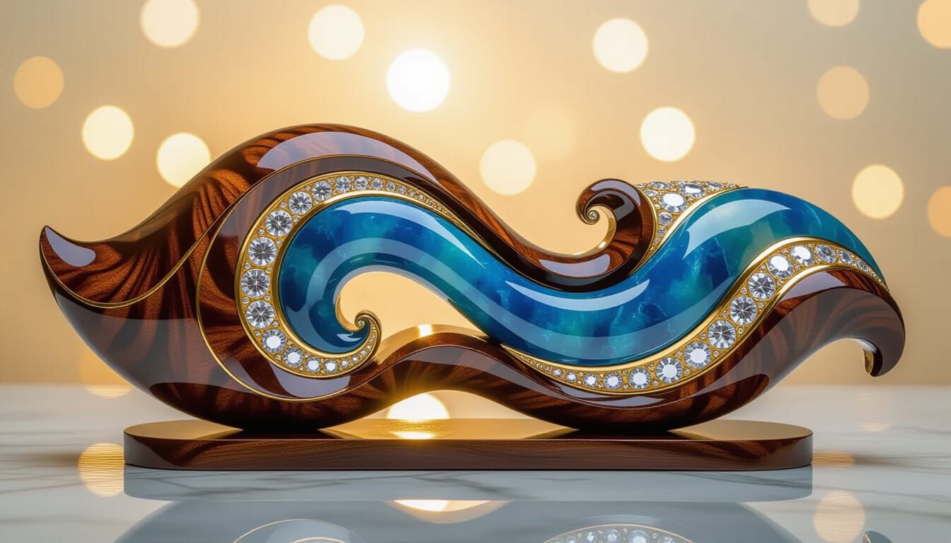 Mahogany Wave Sculpture with Gold and Jade Inlay
