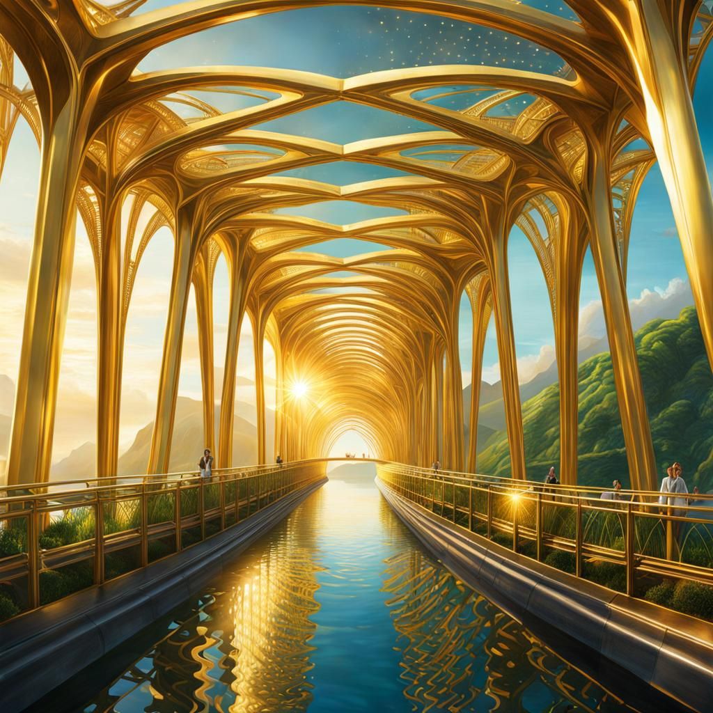 Surreal Solarpunk Golden Bridge with Radiating Light