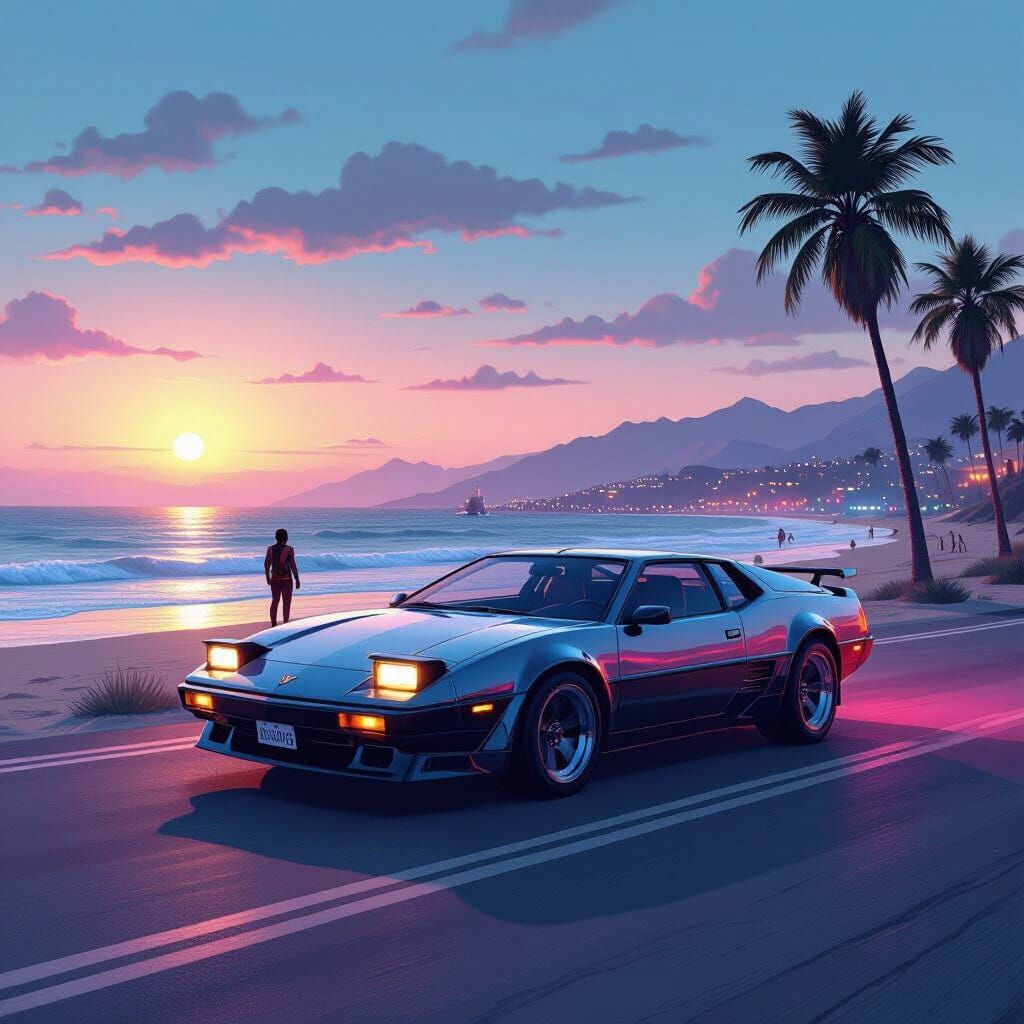 GTA 5 Inspired Synthwave Beach with Retro Car