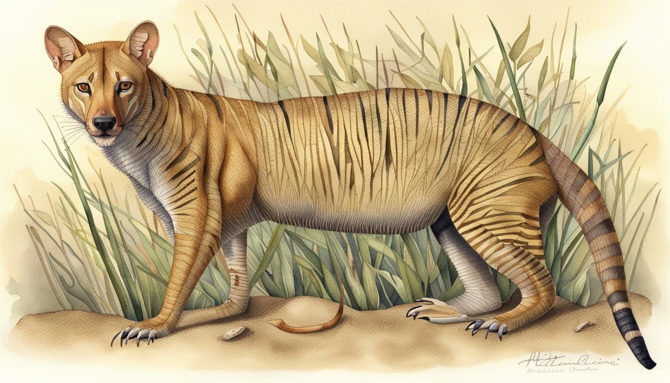 Intricate Watercolor Painting of a Thylacine