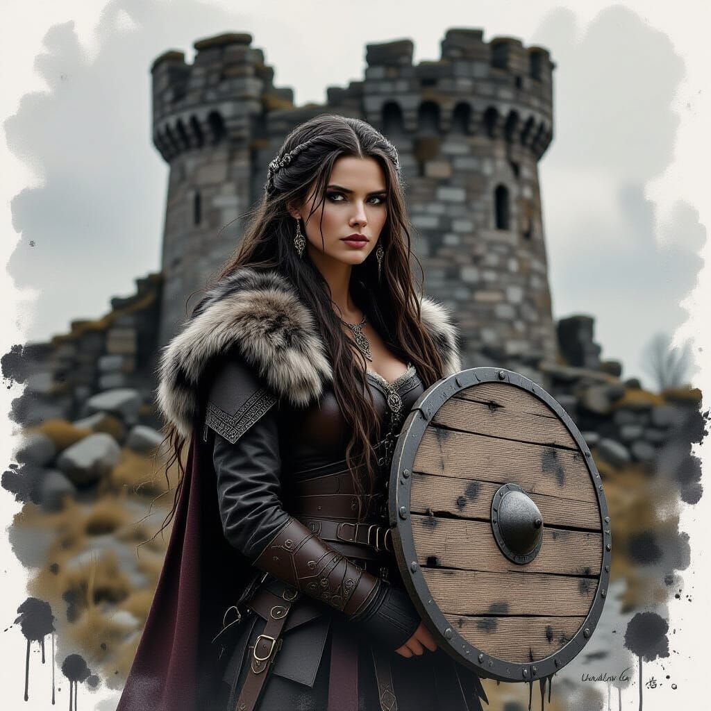 Norse Goddess with Shield in Monochrome Ink Style