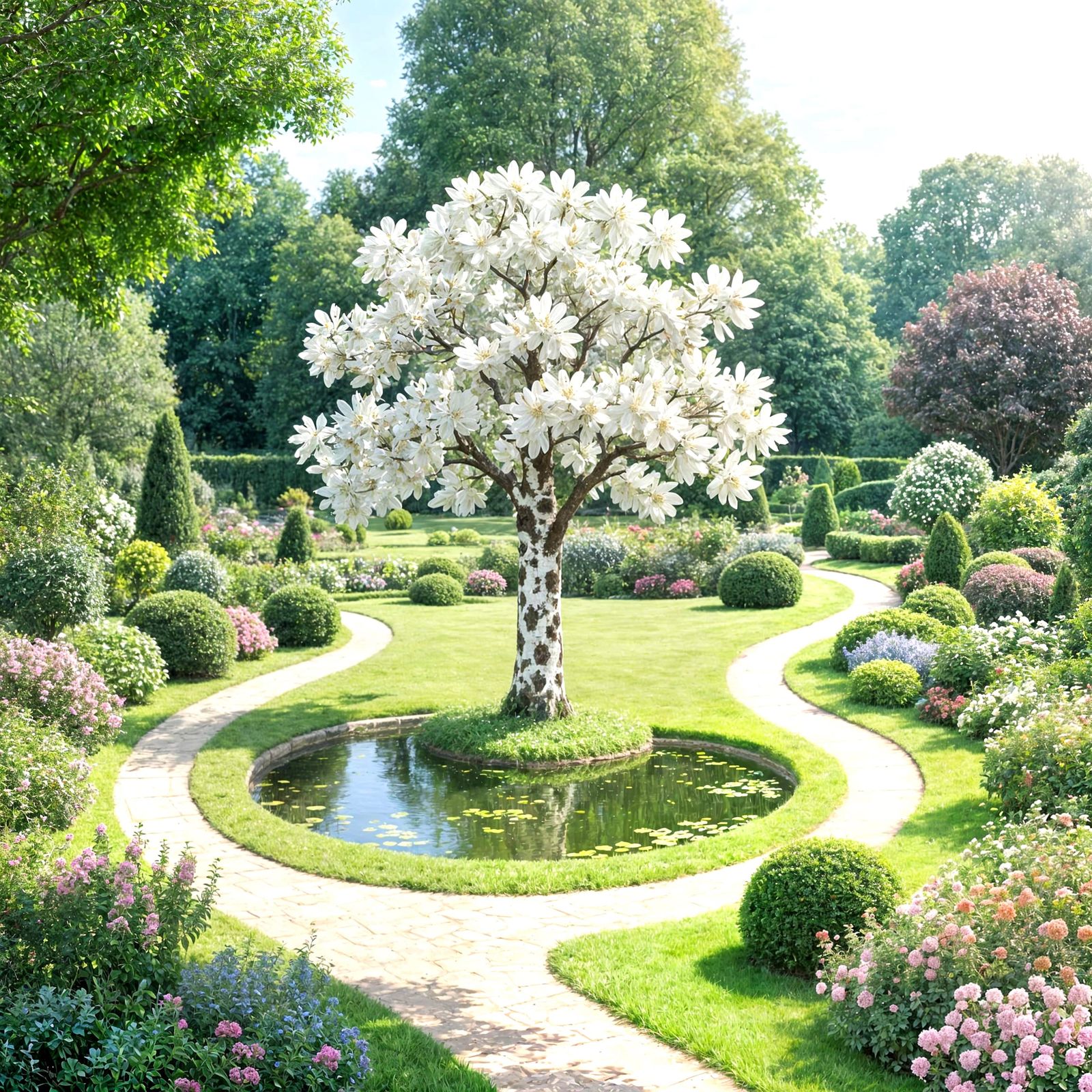 Expansive French Garden with Topiary Tree and Pond