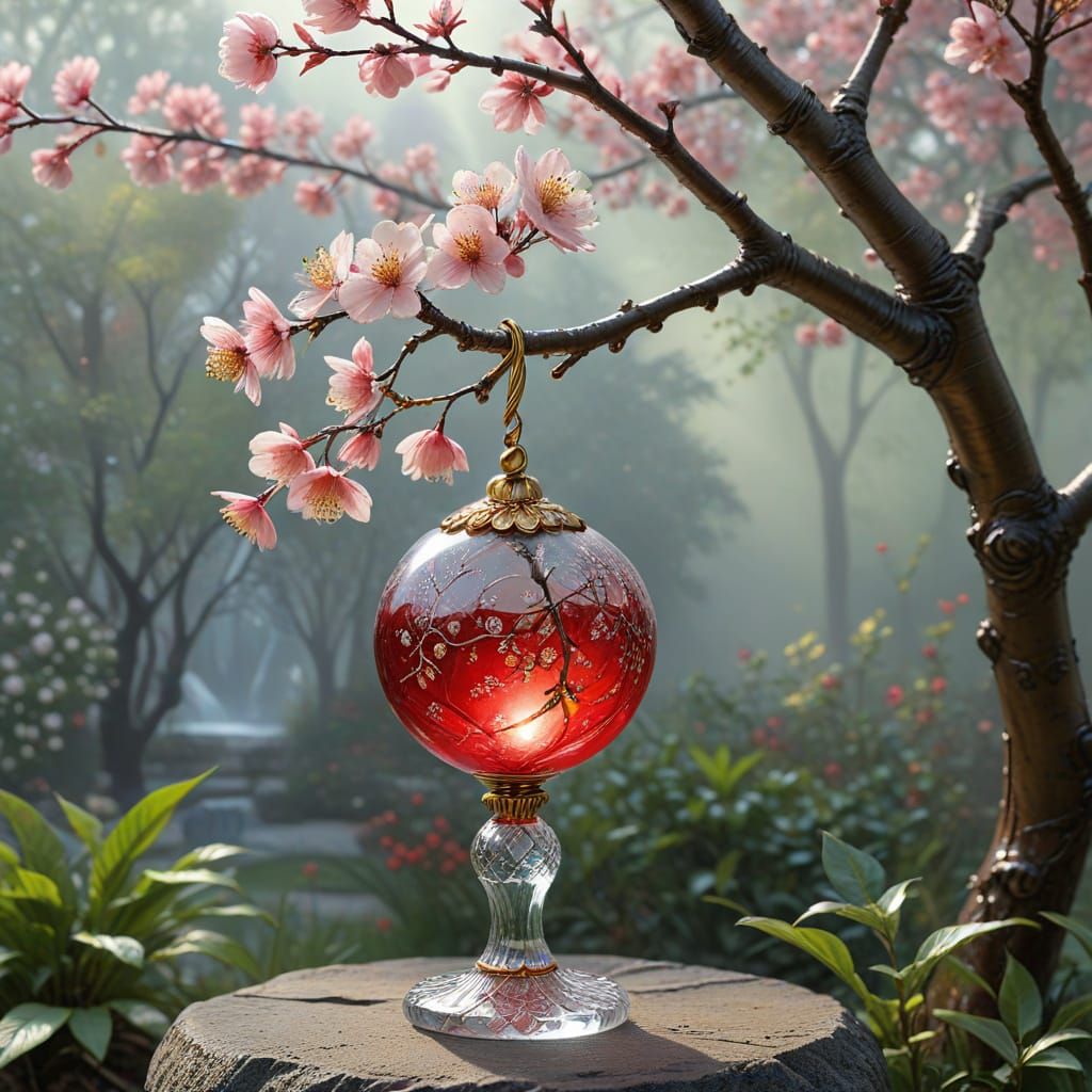 Crystal Cherry with Golden Swirls on Misty Branch