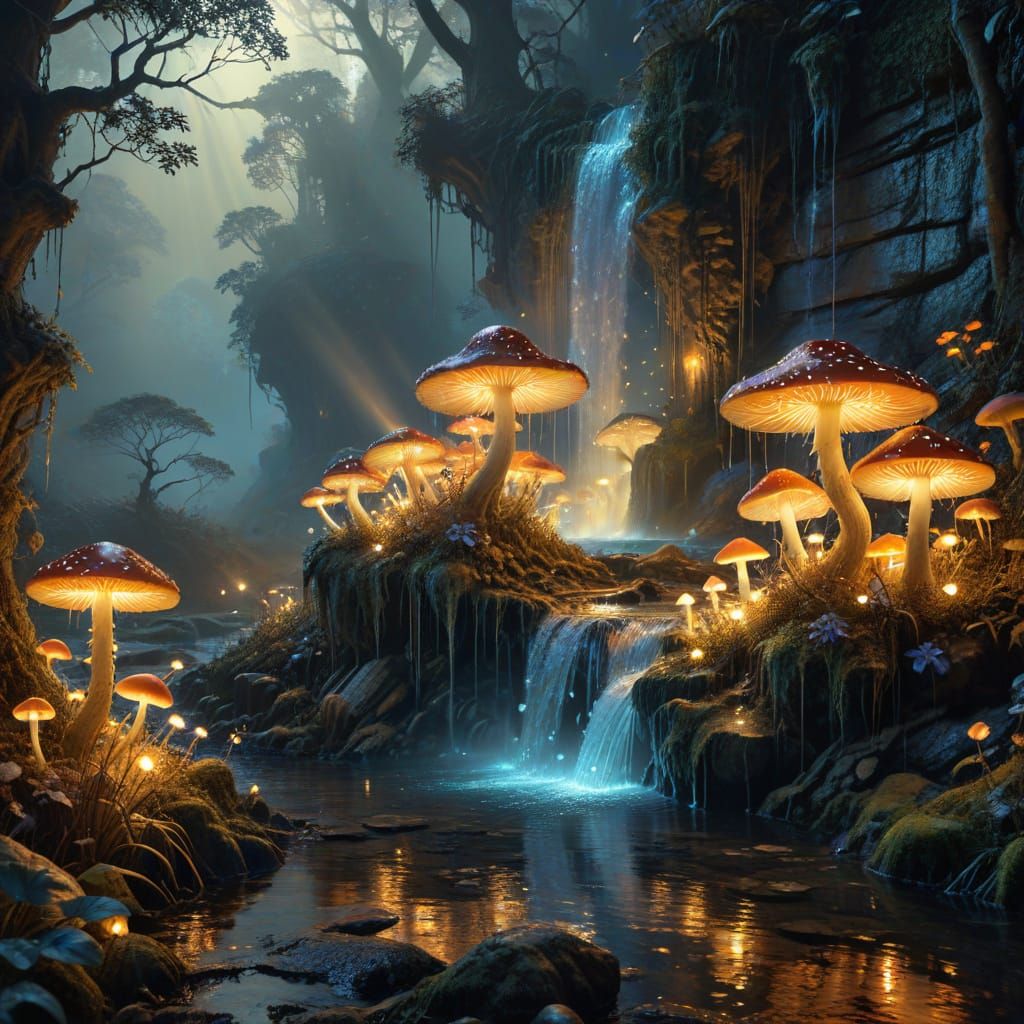 An intricate giant fountain of glowing liquid light cascadin...