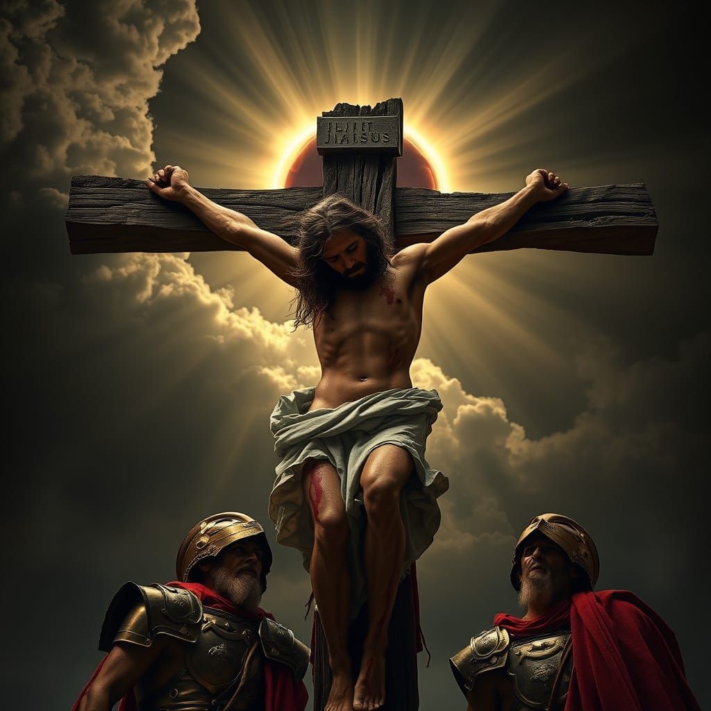 Crucified Jesus in Solar Eclipse with Roman Guards