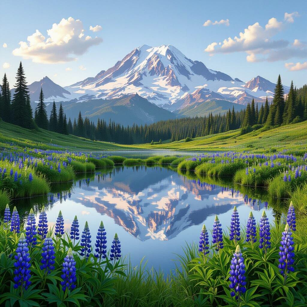 Mount Rainier and Lupines: Dreamy Landscape