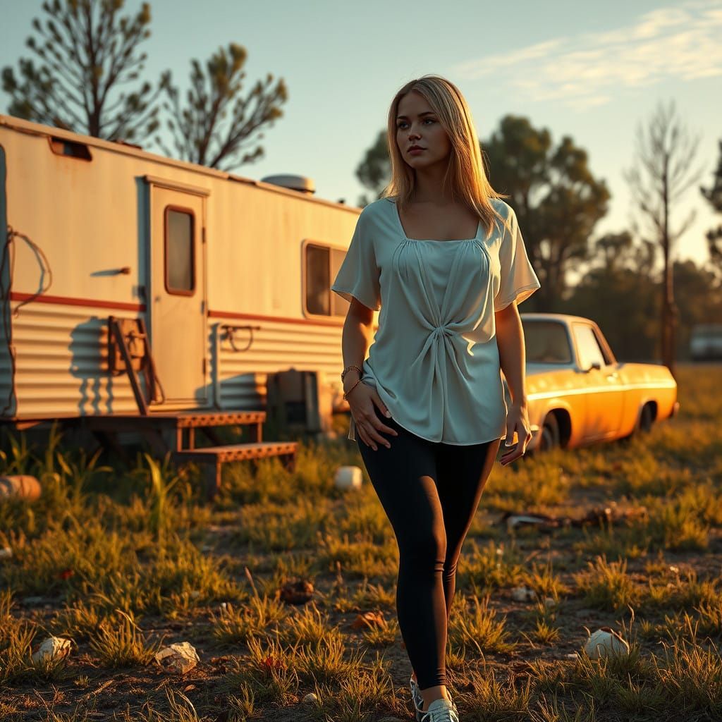 Young Woman in Rundown Environment, Inspired by Syd Mead's H...