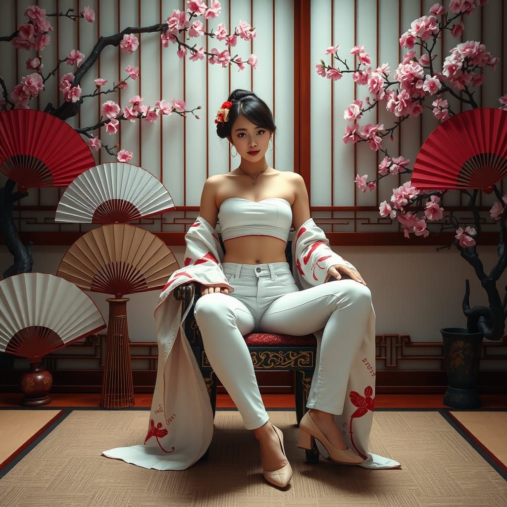 Confident Geisha in a Japanese Cherry Garden