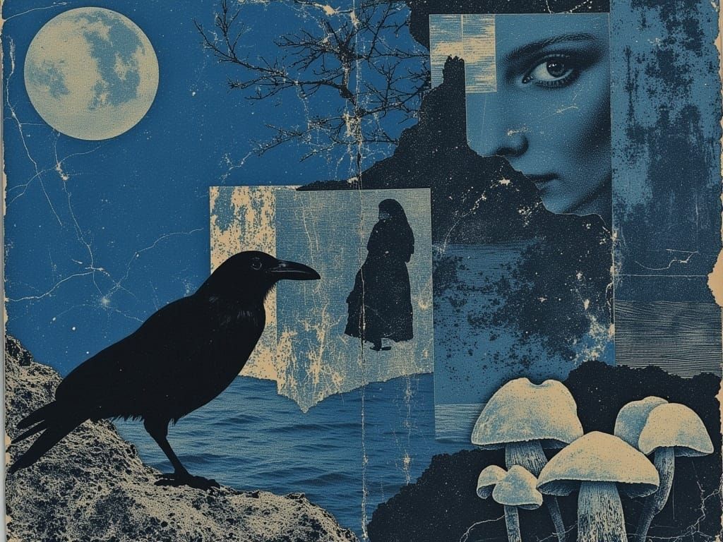 Surreal Blue Dreamscape with Fungi and Ornate Patterns