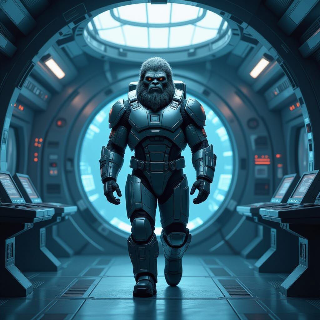 Bigfoot Exploring Spaceship Interior in Sci-Fi Style