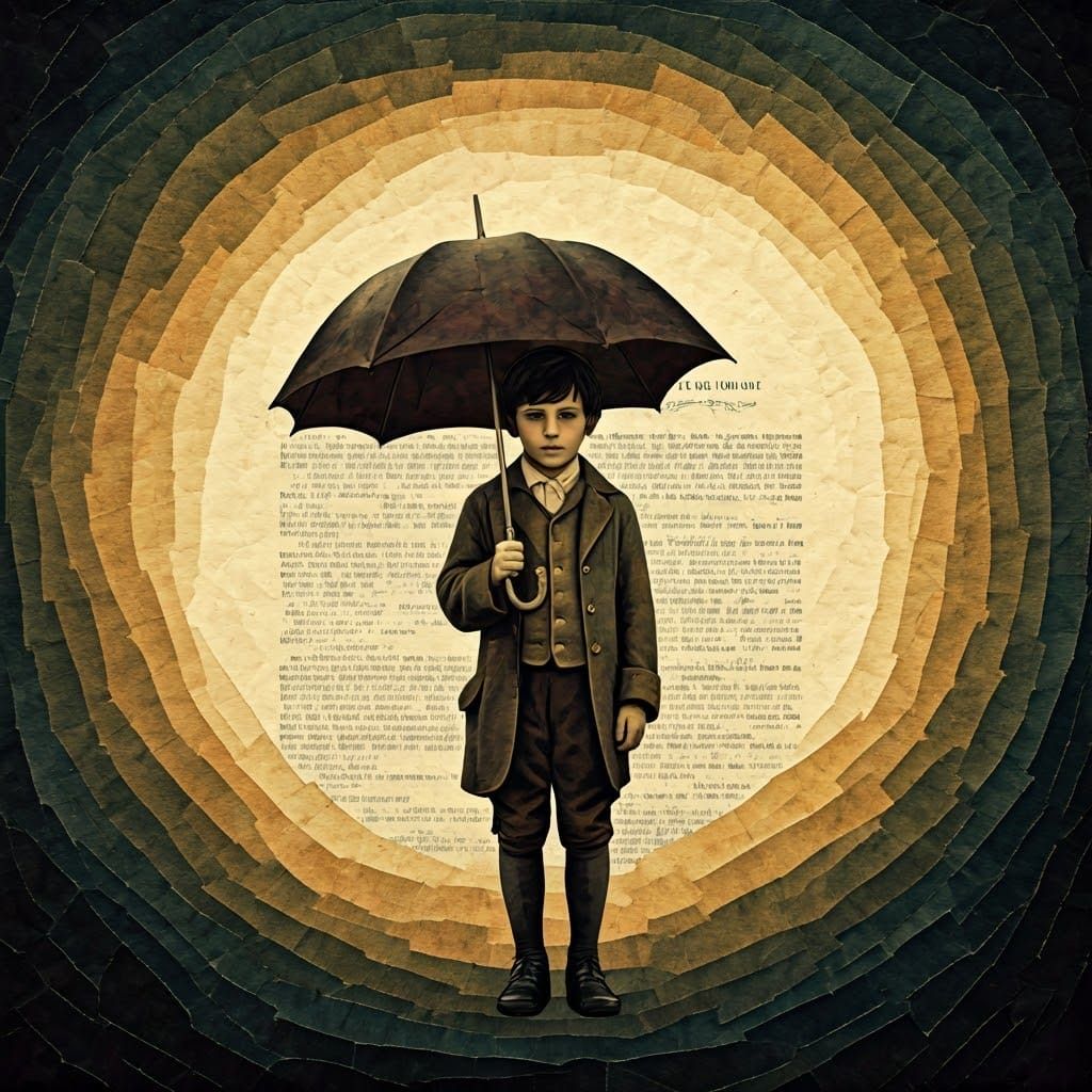 Young Boy in Distressed Papier-mâché Artwork with Textured B...