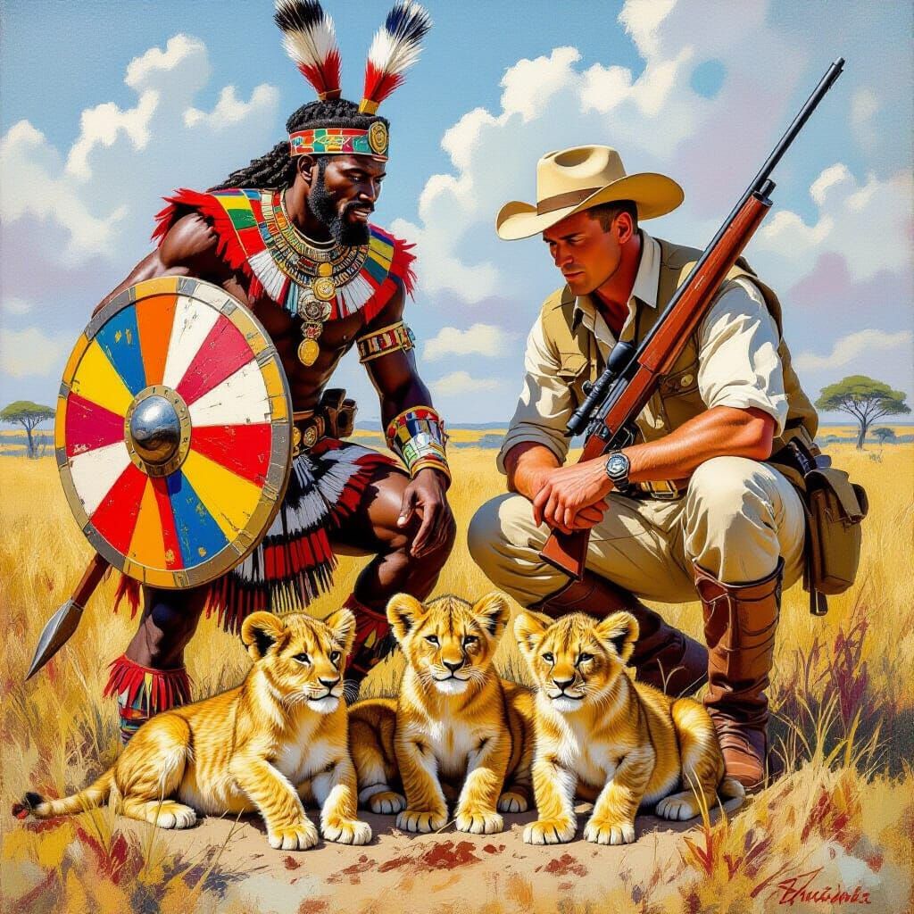 Zulu Warrior and Hunter Protect Lion Cubs