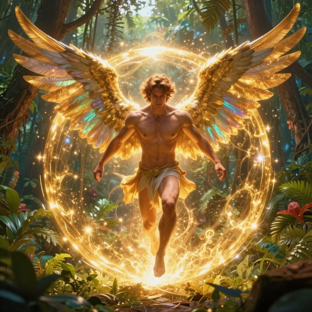 Angel Emerges Triumphant From Golden Sphere in Jungle