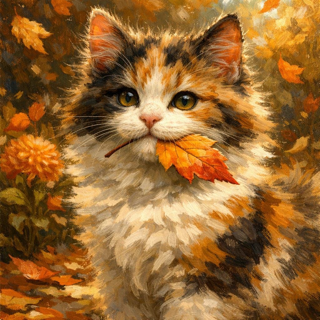 Cute Calico Kitten with Leaf in Garden, Autumn Oil Painting