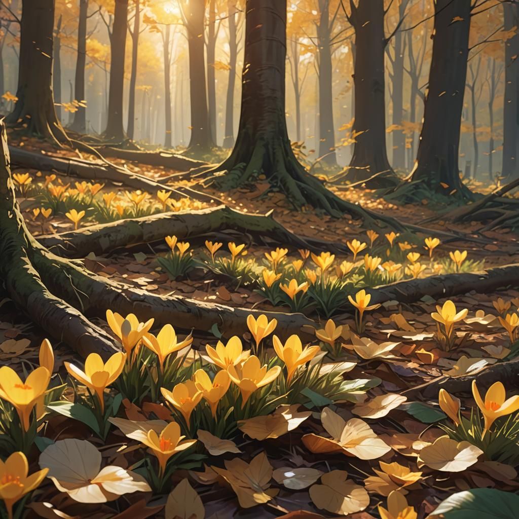 Anime Crocus Flower in Autumnal Woods