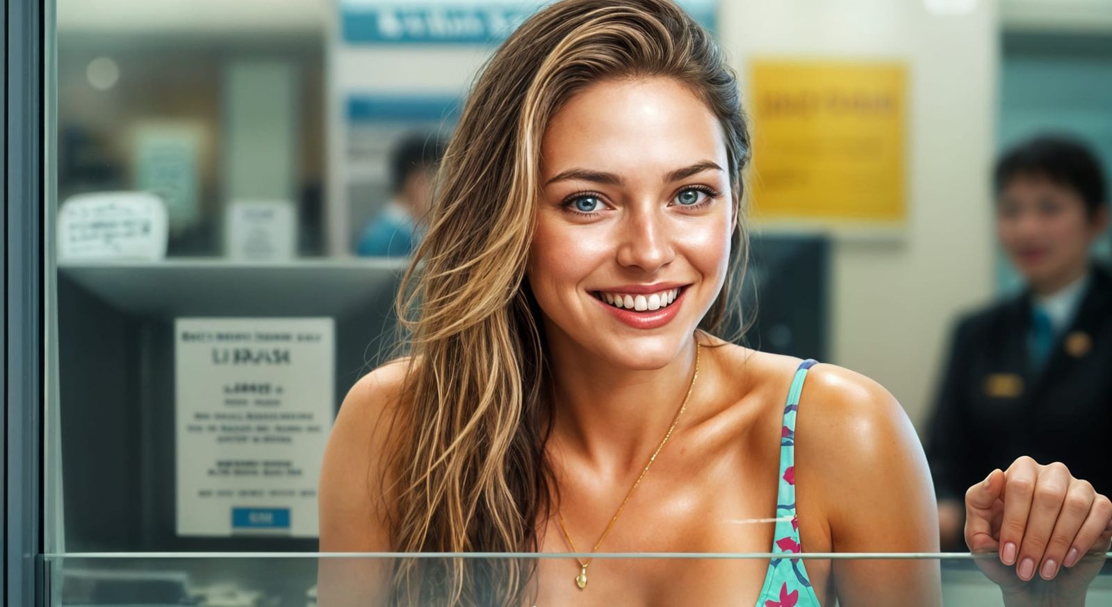 Happy Bank Teller in a Swimsuit