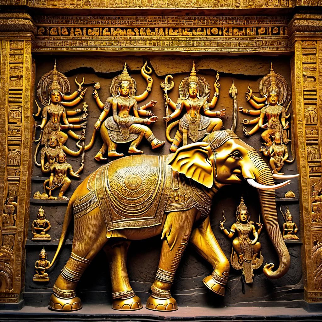 Golden Reptilian Elephant Painting on Ancient Temple Wall