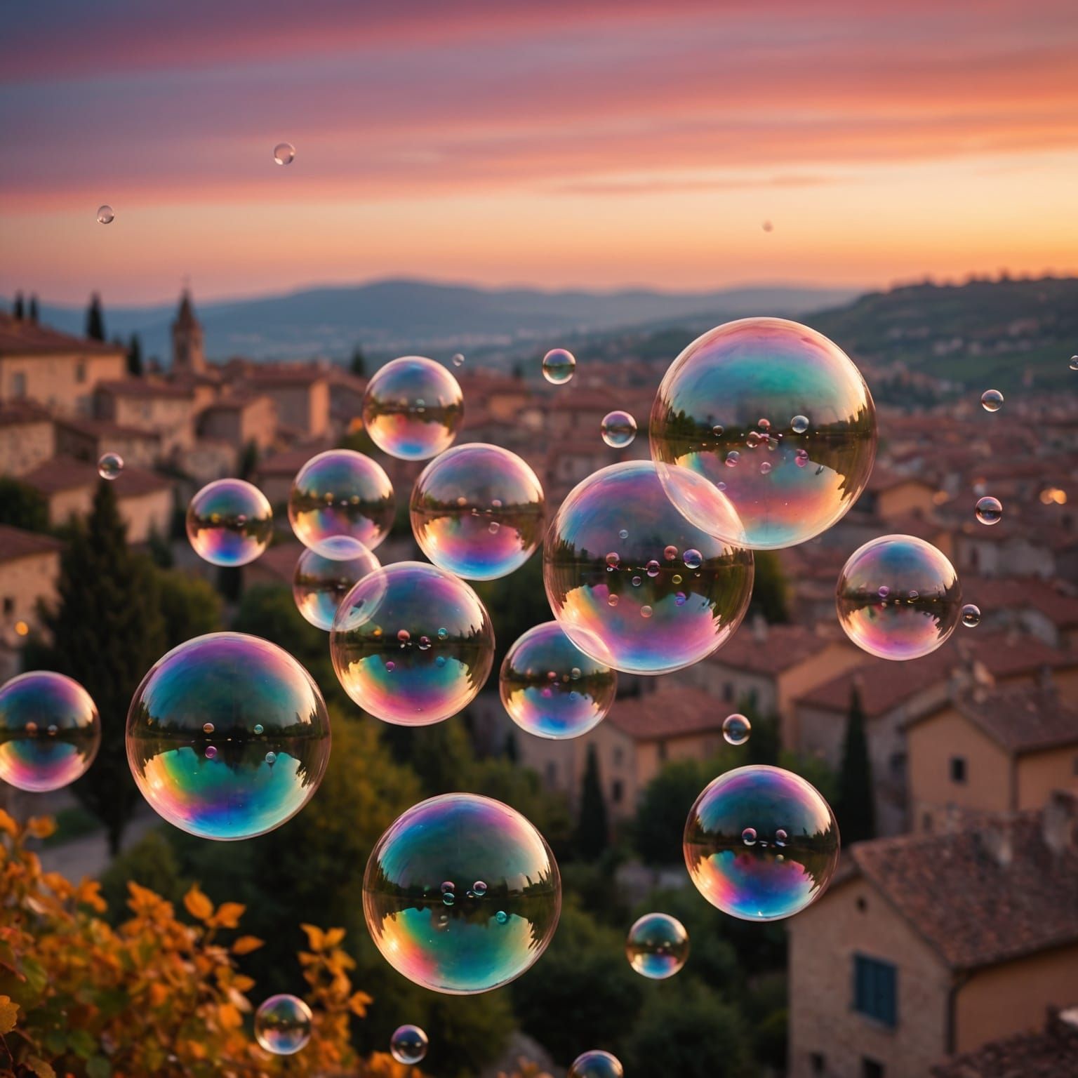Italian Town Reflected in Sunset Soap Bubbles