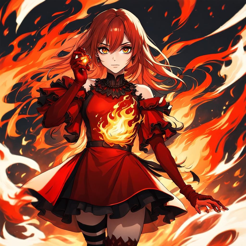 Anime Fire Girl in Red Dress with Fire