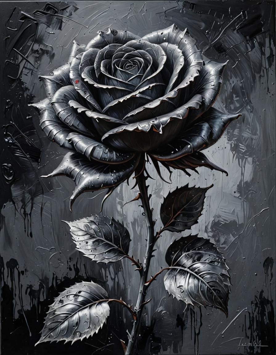 Black Rose Oil Painting with Silver Highlights