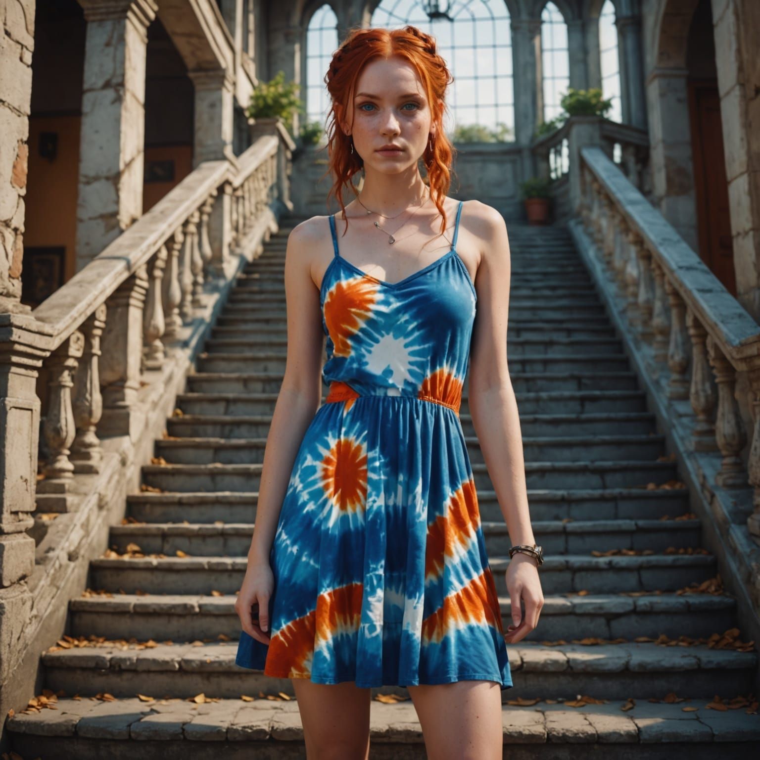 Fantastical Young Woman Ascends Staircase in a Vibrant Dream...