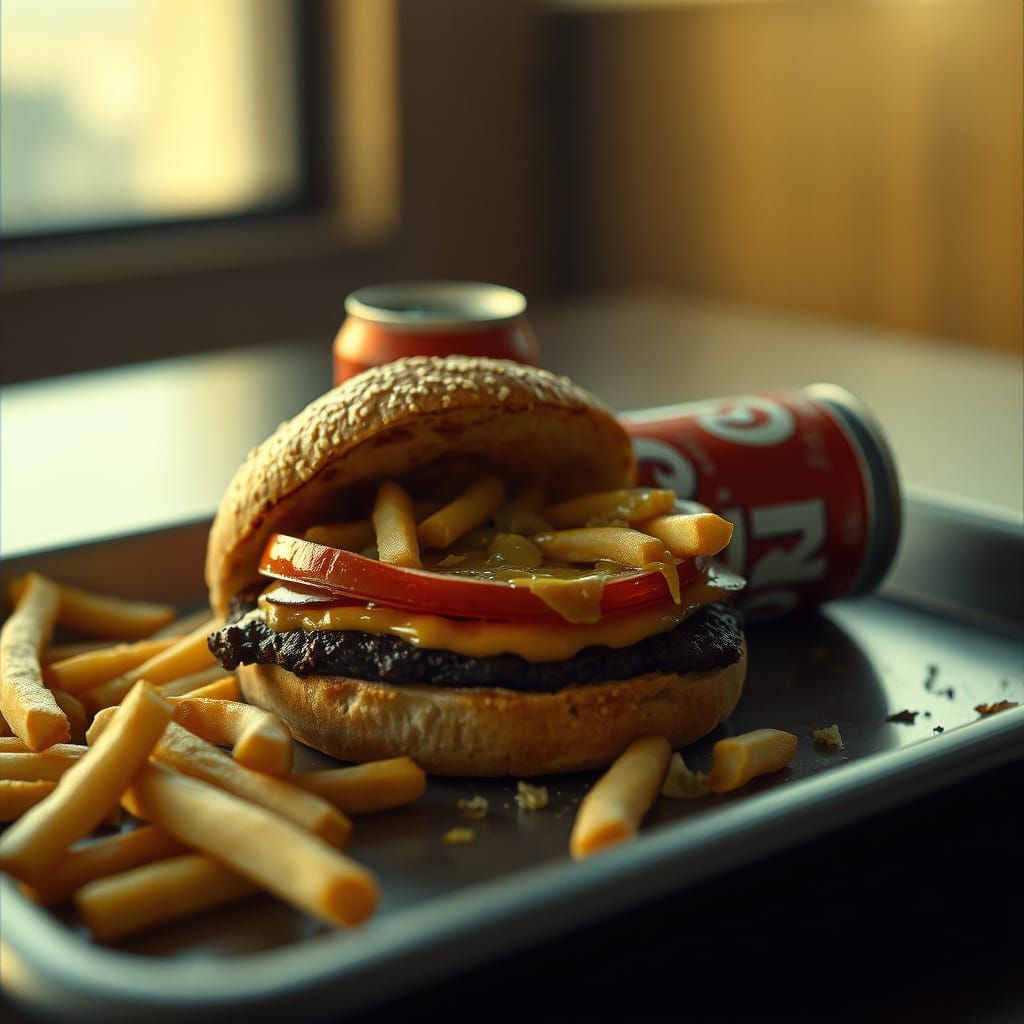 Gritty Burger Still Life with Crushed Cola Can and Fries