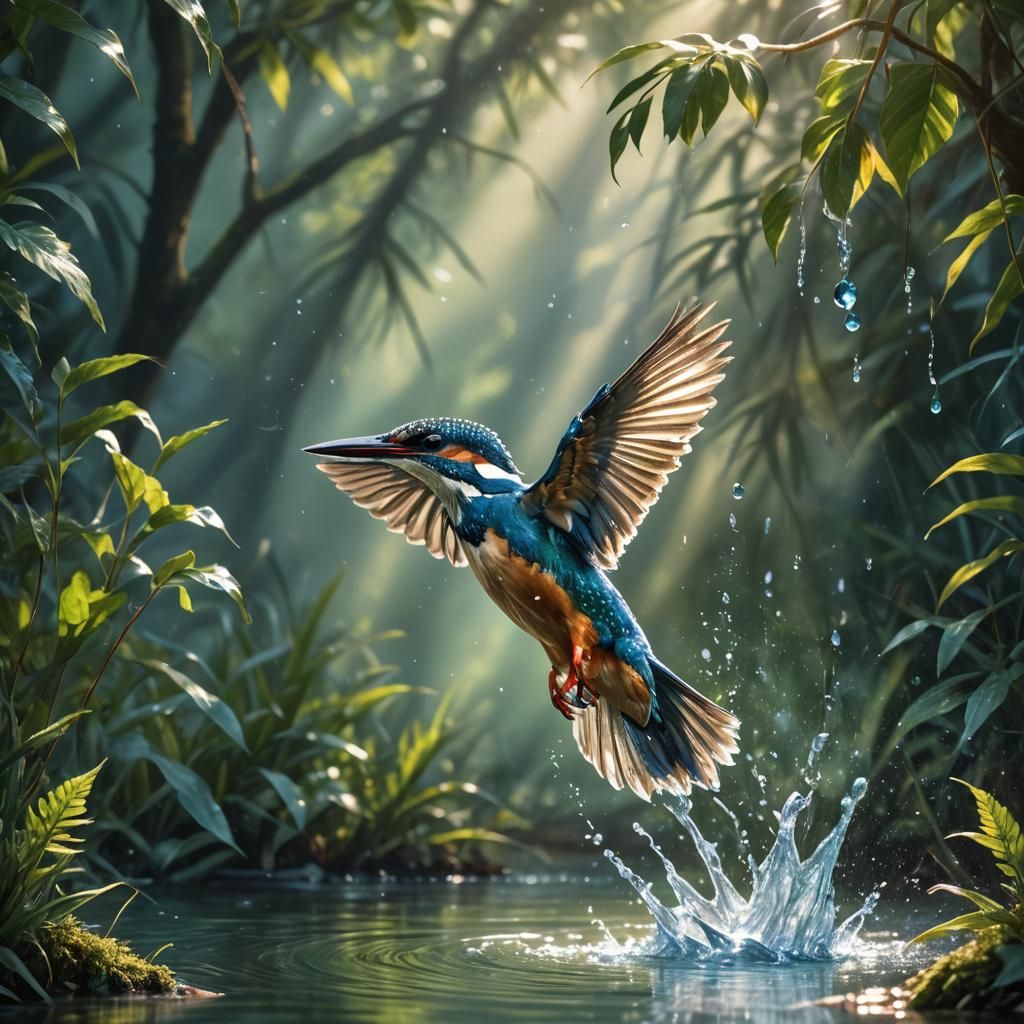 Kingfisher Dive: Realistic Wildlife Illustration