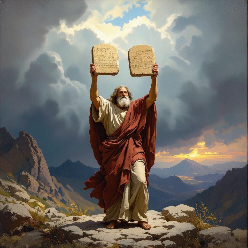 Moses Lifts Ten Commandments Amidst Stormy Peaks