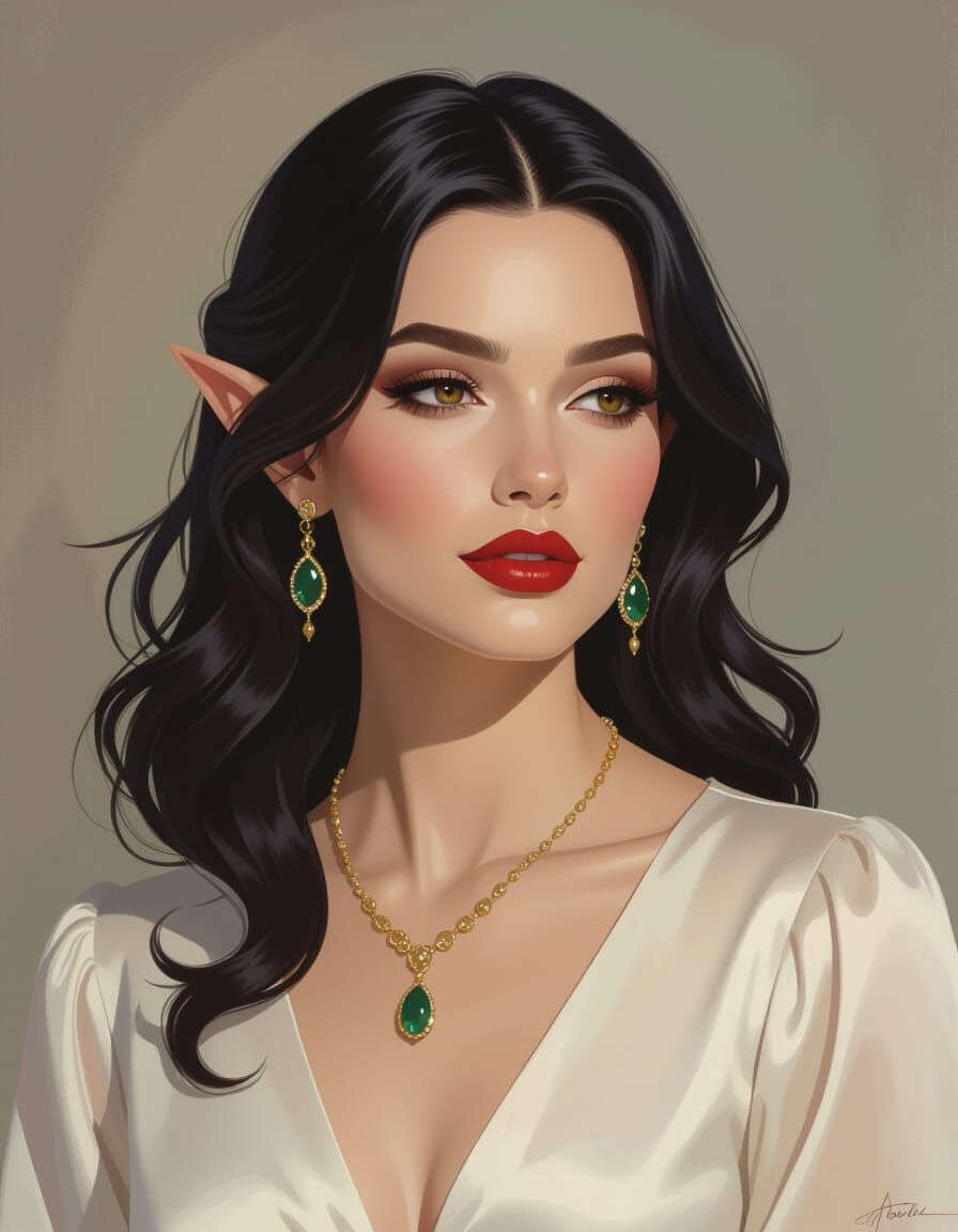 Elegant Elf Lady Portrait in Oil Paint Style