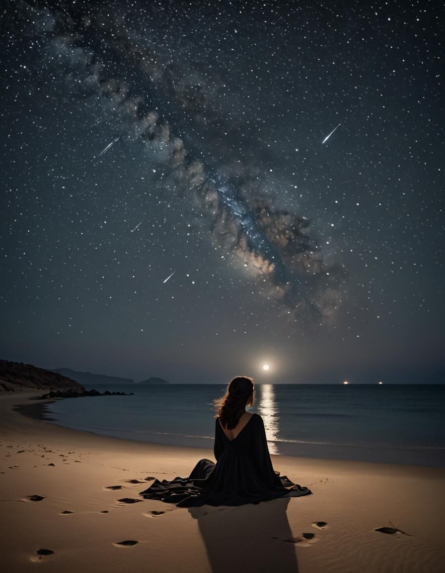 Melancholy Woman Gazing at Starry Desert Night