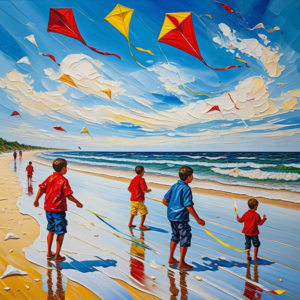 Boys Fly Kites on Beach in Impasto Style