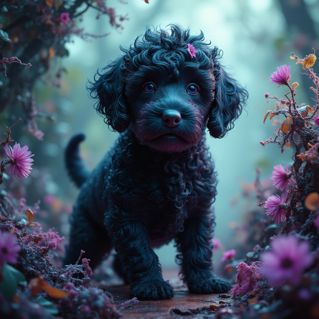 Black Mini Aussiedoodle in Dreamlike Forest