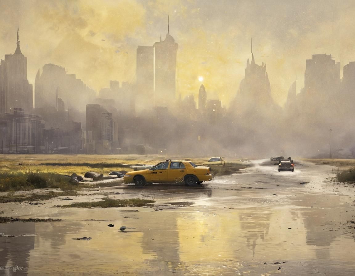 Futuristic Yellow Cab on Wet Road in Dreamcore Style