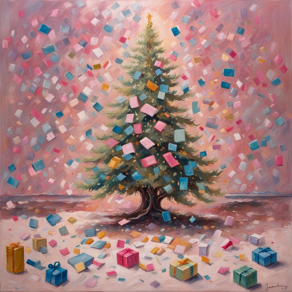 Vintage Christmas Tree in Pastel Oil Painting