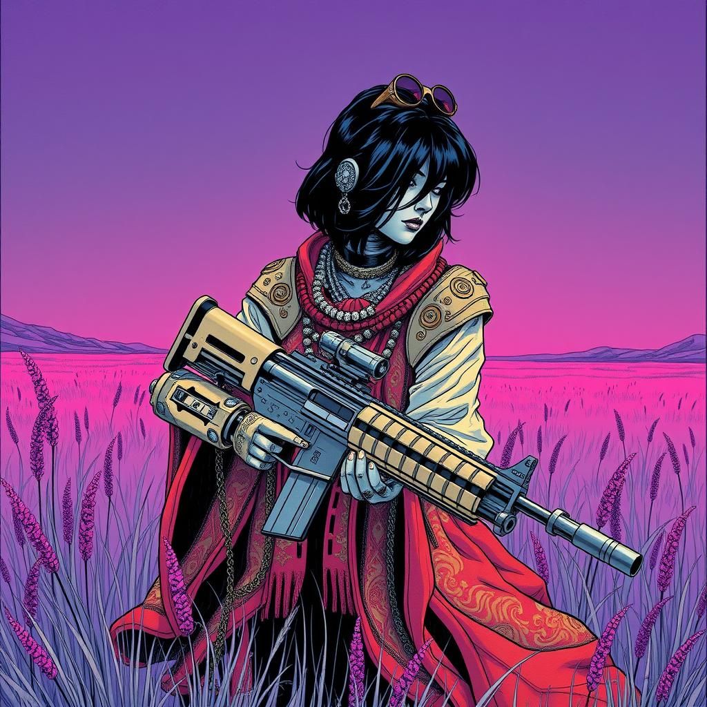Cyborg Huntress in Ultraviolet Grasslands, Ligne Claire Art
