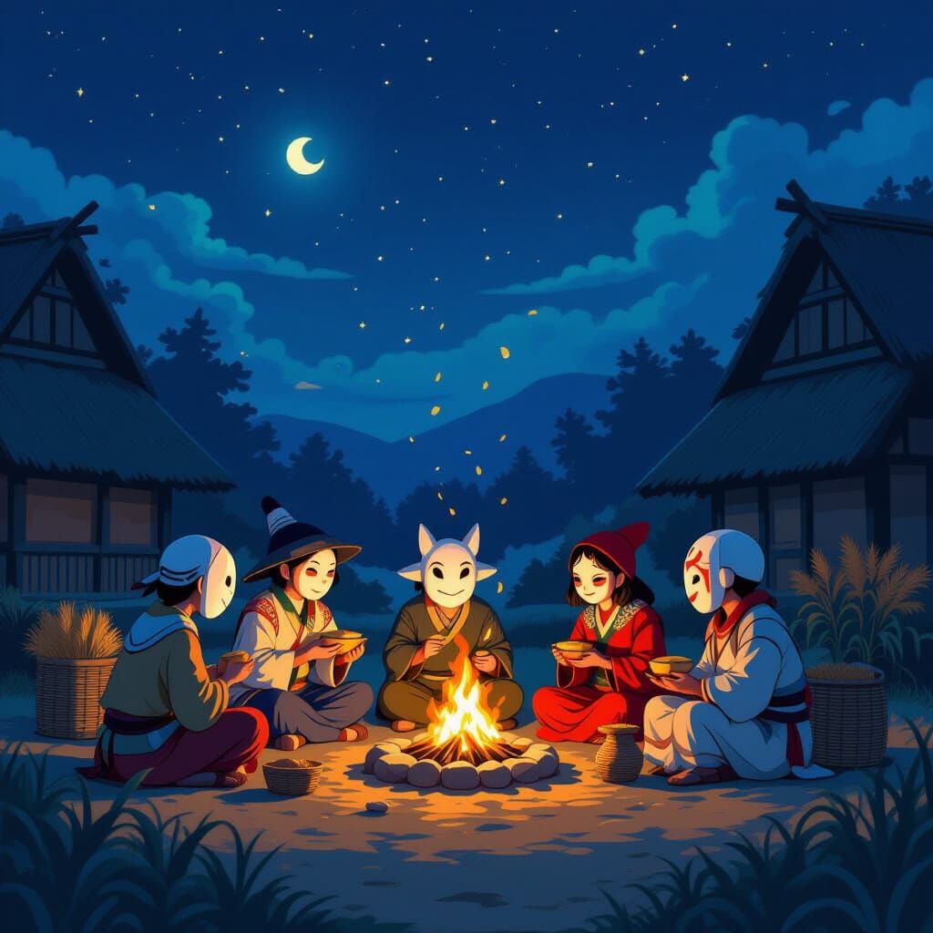 Villagers Celebrate Around Night Bonfires in Whimsical Style